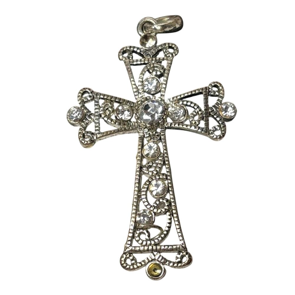 Vintage Rhinestone Filigree Cross Pendant Silver Tone Gothic Necklace Charm